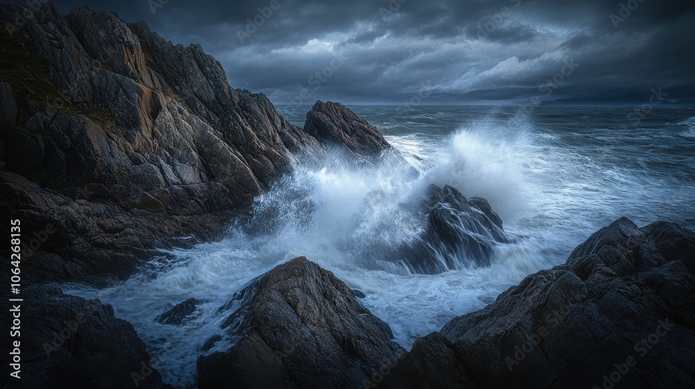 Powerful waves collide with steep cliffs as dark clouds loom overhead, creating a captivating and tumultuous coastline. The atmosphere feels intense, invoking the might of nature during twilight. Powerful waves collide with steep cliffs as dark clouds loom overhead, creating a captivating and tumultuous coastline. The atmosphere feels intense, invoking the might of nature during twilight.