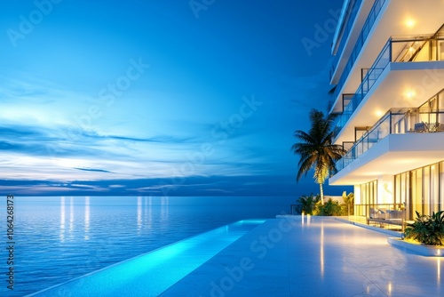 A beautiful beach with a pool and a large building in the background