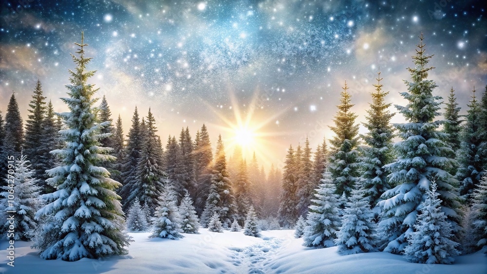 Snowy forest landscape with towering evergreen trees and sparkling snowflakes, snow covered ground, christmas tree Snowy forest landscape with towering evergreen trees and sparkling snowflakes, snow covered ground, christmas tree