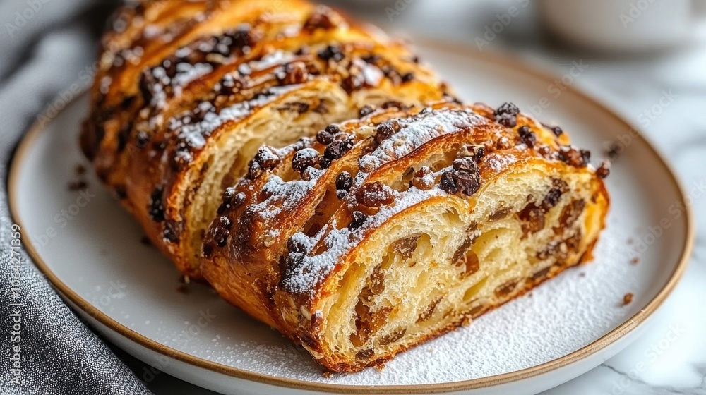 Golden-brown braided pastry filled with raisins and nuts, dusted with powdered sugar, served on a white plate, perfect for a cozy dessert moment. Golden-brown braided pastry filled with raisins and nuts, dusted with powdered sugar, served on a white plate, perfect for a cozy dessert moment.