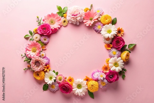 Soft pink background with a bunch of colorful flowers arranged in a circular pattern, nature, floral arrangement, blooming flowers, floral design