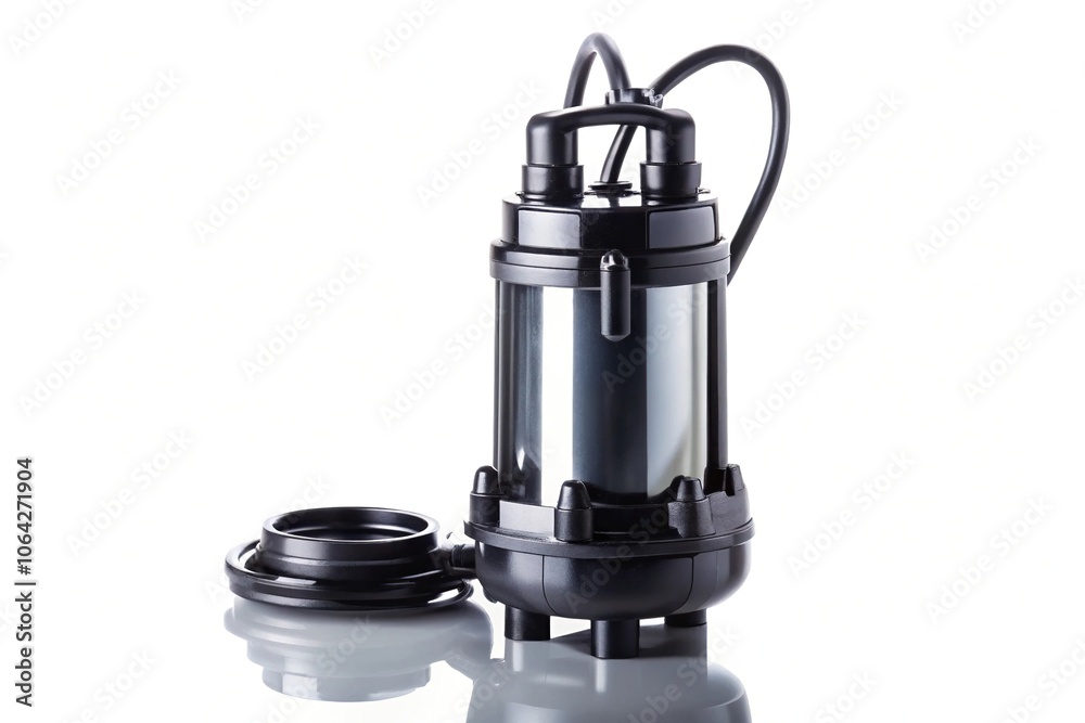 Submersible black metal sewage pump for pumping water on white isolated background reflected Submersible black metal sewage pump for pumping water on white isolated background reflected