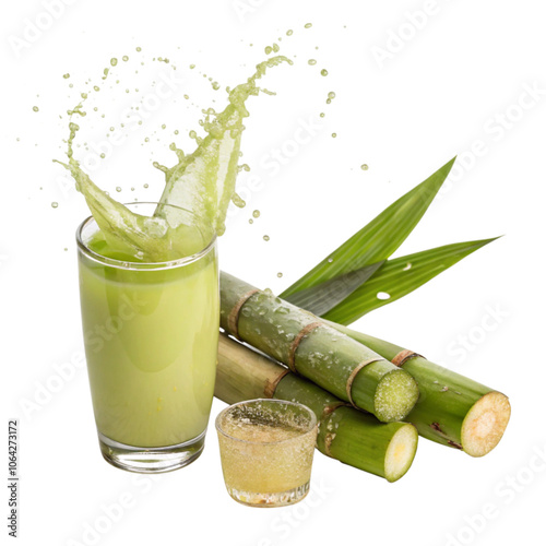 green sugarcane with glass of juice