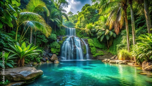 Tranquil oasis with waterfall and lush greenery surrounding pool