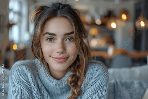 Young woman smiling while working on laptop at home, modern grey living room background, casual and cheerful work from home scene