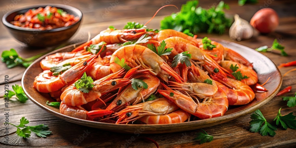 Aromatic Delicacy A plate overflowing with plump, juicy shrimp, adorned with fresh green herbs, ready to tantalize the taste buds. Aromatic Delicacy A plate overflowing with plump, juicy shrimp, adorned with fresh green herbs, ready to tantalize the taste buds.