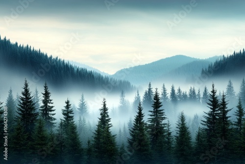 A misty forest with a cloudy sky above