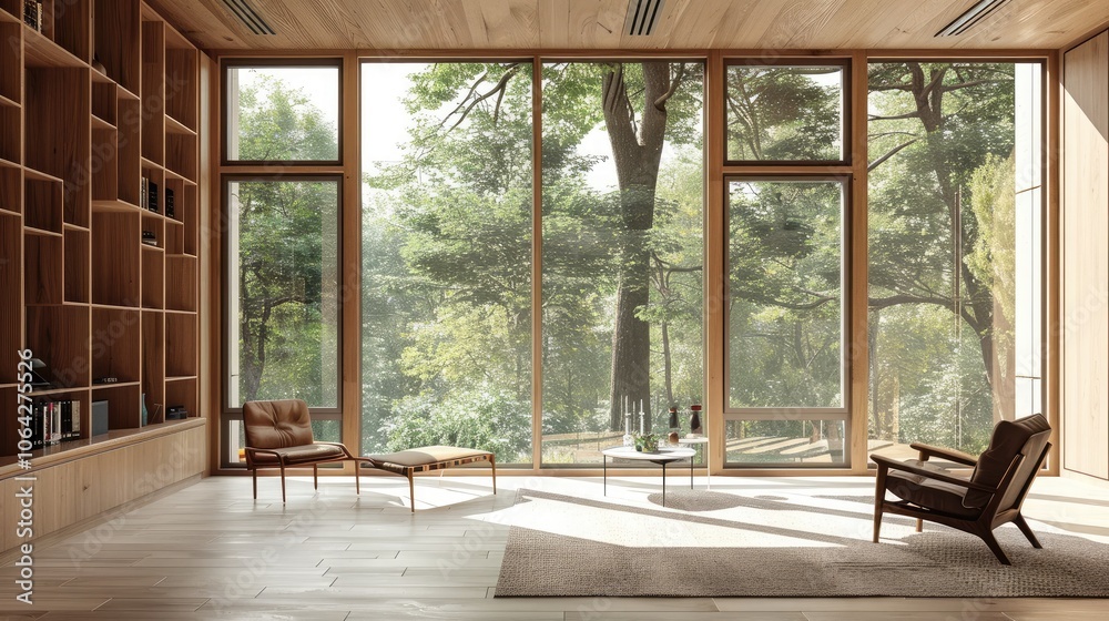 Obraz premium Blank poster in modern conference room with wooden accents and large windows