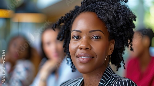 Confident female business leader presenting in a modern office environment