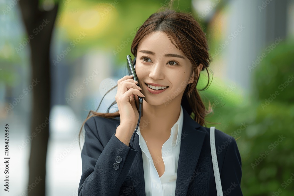 Japanese Businesswoman on Phone in Office District Japanese Businesswoman on Phone in Office District
