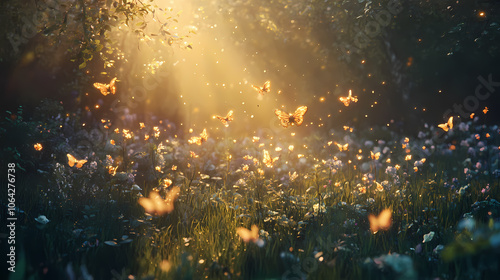 Enchanted meadow with glowing fairies - 3d digital art background in uhd resolution for fantasy concepts and design projects. Mystical. Illustration