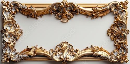 Ornate rectangular gold frame featuring Rococo-style curls set against a clean white backdrop. Elaborate detailing in a wide format concept photo