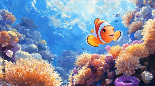 A clownfish peeking out from anemone coral in a reef