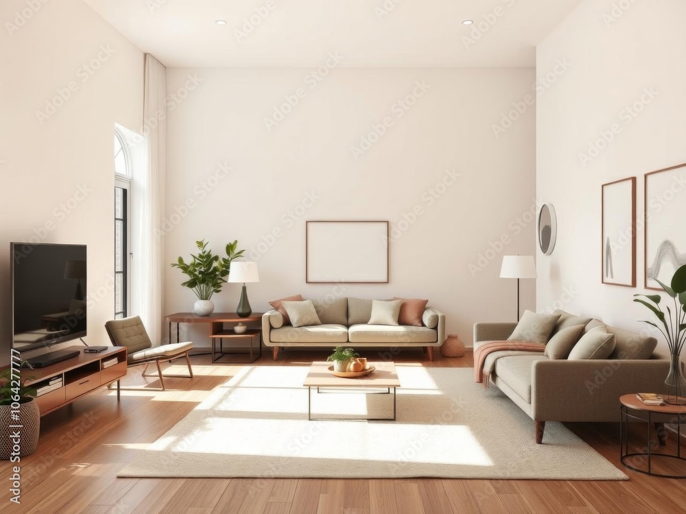 Modern living room with sleek furniture, clean lines, and neutral color palette, spacious, clean, living space Modern living room with sleek furniture, clean lines, and neutral color palette, spacious, clean, living space