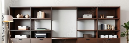 Modern shelf unit and lamp in minimalist design, placed near a light wall, minimalist design, organized, clean