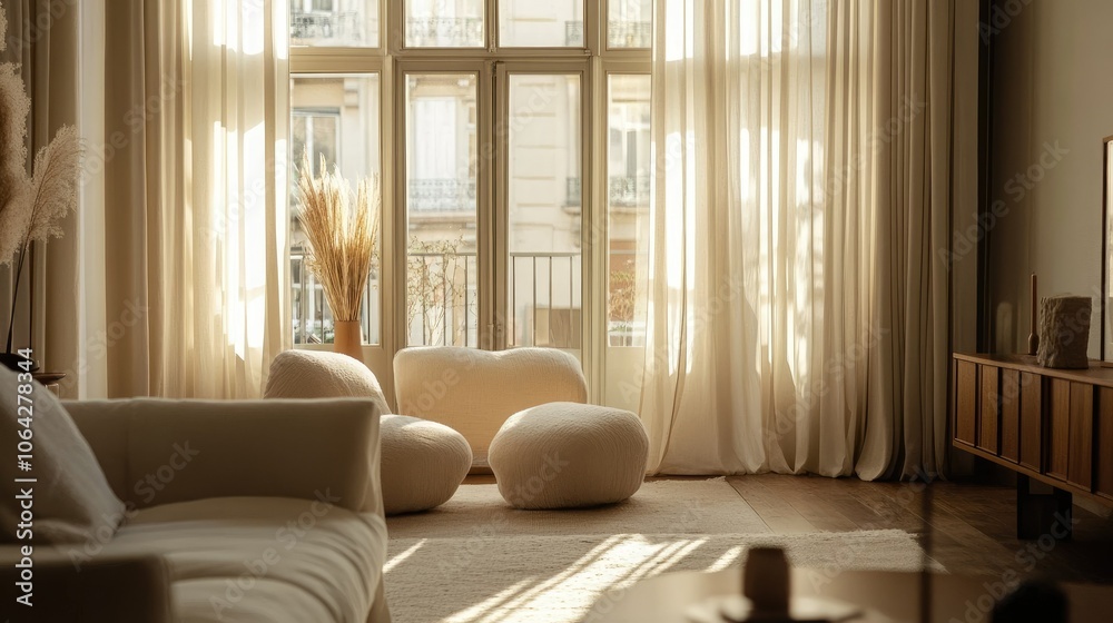 Fototapeta premium Cozy Living Room with Soft Textiles and Natural Light