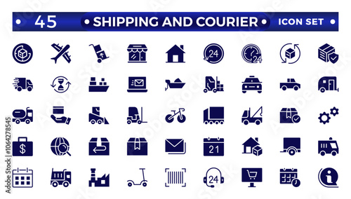 Shipping And Courier icon. Delivery service solid con set. Containing order tracking, delivery home, warehouse, truck, scooter, courier Sea Air, Date, Return Search Parcel,  and cargo icons.