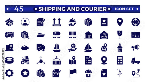 Shipping And Courier icon. Delivery service solid con set. Containing order tracking, delivery home, warehouse, truck, scooter, courier Sea Air, Date, Return Search Parcel,  and cargo icons.