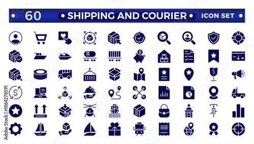 Shipping And Courier icon. Delivery service solid con set. Containing order tracking, delivery home, warehouse, truck, scooter, courier Sea Air, Date, Return Search Parcel,  and cargo icons.