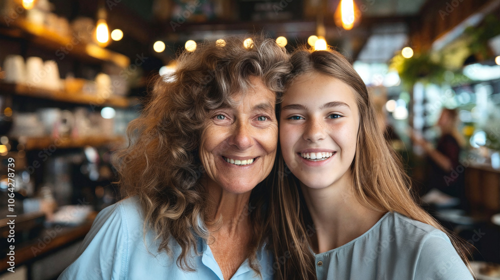 Older woman and teenage girl smiling together in a cozy cafe, with warm lighting and a welcoming atmosphere highlighting their close bond Older woman and teenage girl smiling together in a cozy cafe, with warm lighting and a welcoming atmosphere highlighting their close bond