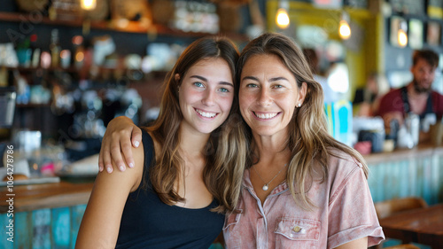 Smiling mother and teenage daughter with arms around each other in a cozy cafe, enjoying a warm, cheerful moment together