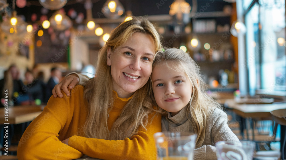 Mother and young daughter sitting closely in a cozy cafe, smiling warmly and enjoying a joyful moment together with soft, ambient lighting Mother and young daughter sitting closely in a cozy cafe, smiling warmly and enjoying a joyful moment together with soft, ambient lighting