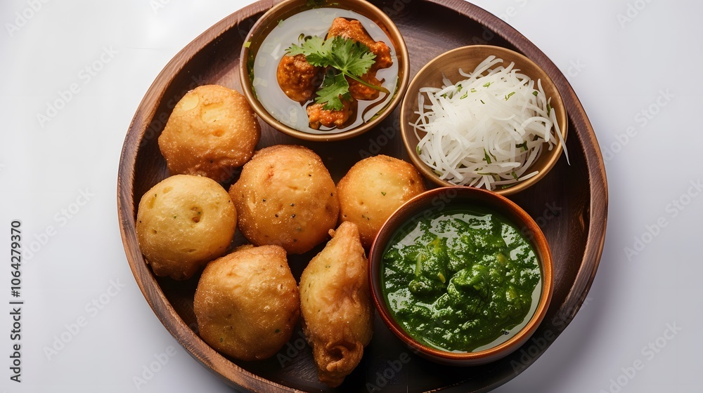 black gram or urad dal vada or pakoda or aalu bonda, aalu bonde with coconut and pudina chutney, isolated. black gram or urad dal vada or pakoda or aalu bonda, aalu bonde with coconut and pudina chutney, isolated.