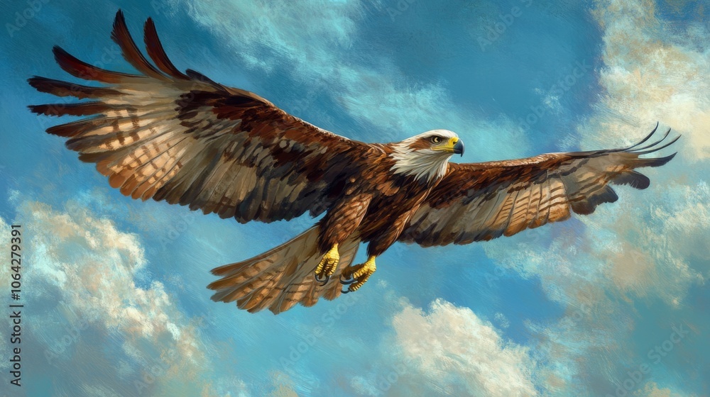 Fototapeta premium An eagle soaring high with its wings spread wide against a blue sky