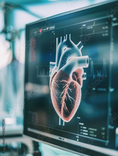 A high-resolution image of a heart scan displayed on a medical monitor. Medical presentations, educational materials,healthcare marketing.