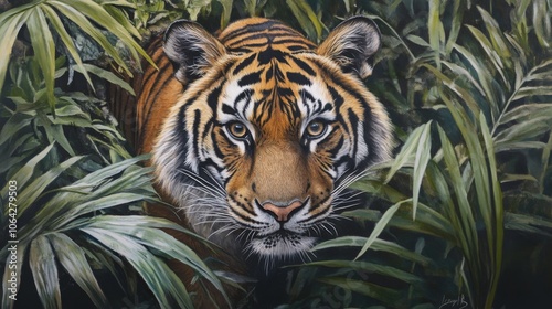 close-up of a powerful tiger prowling through dense jungle foliage