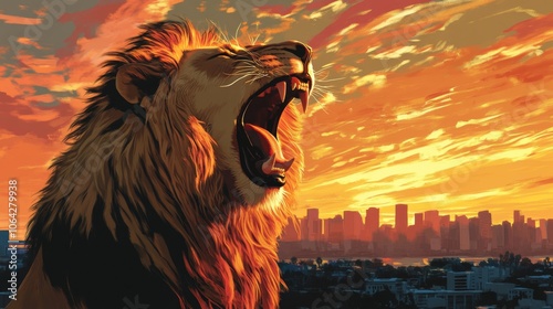 A majestic lion with a full mane, roaring against a sunset in the savanna photo