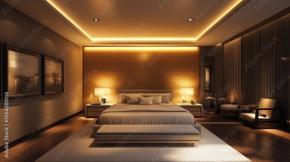 Modern Bedroom with Ambient Lighting and Cozy Decor Modern Bedroom with Ambient Lighting and Cozy Decor