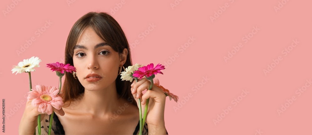 Beautiful young woman holding gerbera flowers on pink background with space for text Beautiful young woman holding gerbera flowers on pink background with space for text