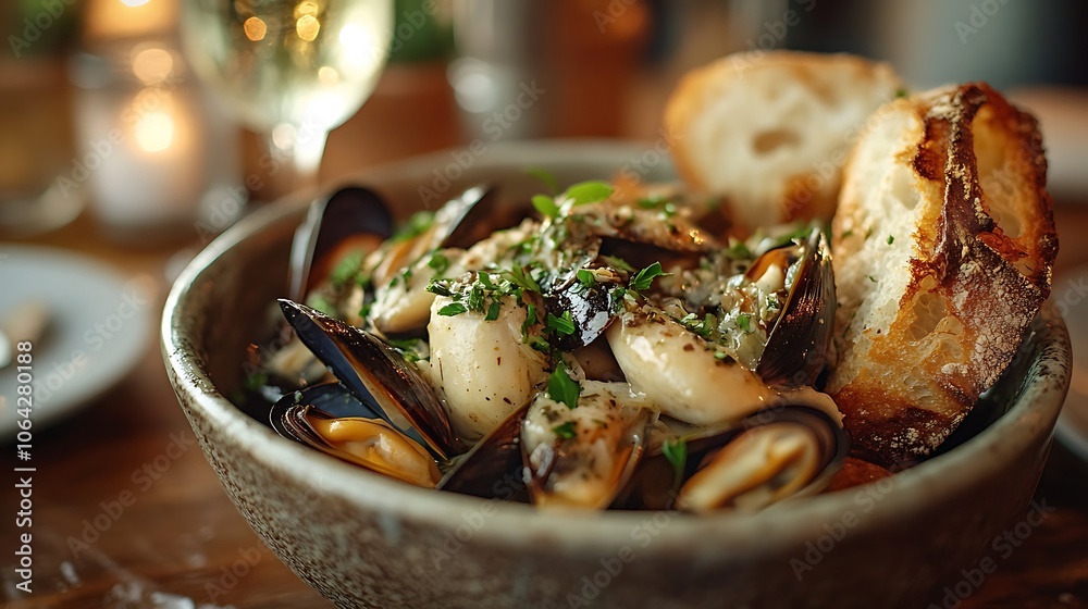 A bowl of mussels in white wine sauce, topped with fresh herbs and paired with crusty bread, soft ambient light illuminating the rich textures and deep colors, appetizing and comforting setting.