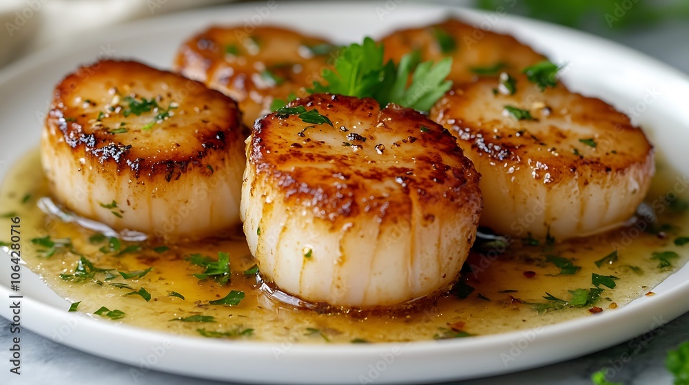 A clean white plate with pan-seared scallops in a simple butter and herb sauce, delicate lighting highlighting the golden crust and rich sauce, garnished with fresh parsley for a touch of green. A clean white plate with pan-seared scallops in a simple butter and herb sauce, delicate lighting highlighting the golden crust and rich sauce, garnished with fresh parsley for a touch of green.