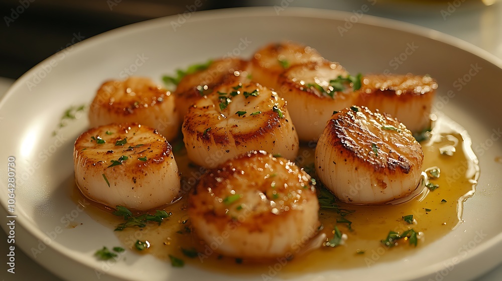 A clean white plate with pan-seared scallops in a simple butter and herb sauce, delicate lighting highlighting the golden crust and rich sauce, garnished with fresh parsley for a touch of green. A clean white plate with pan-seared scallops in a simple butter and herb sauce, delicate lighting highlighting the golden crust and rich sauce, garnished with fresh parsley for a touch of green.
