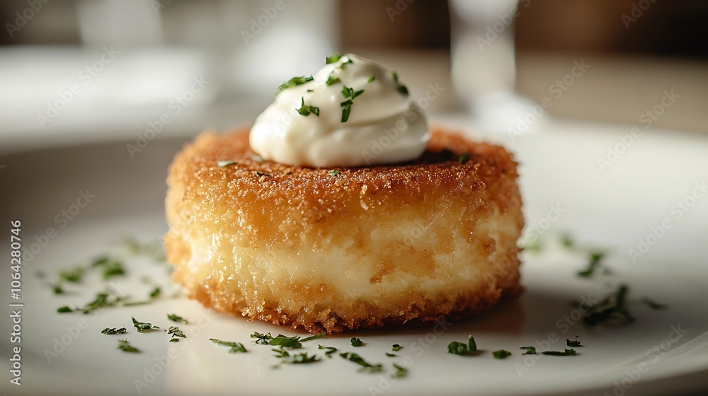 A close-up of a perfectly golden-brown crab cake topped with a dollop of creamy aioli, plated on a light background, warm natural lighting highlighting the crispy texture,