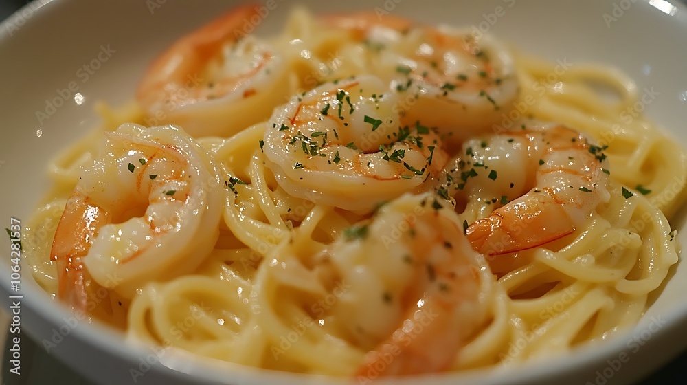 A comforting bowl of butterflied shrimp pasta with creamy garlic butter sauce, served on a light surface, soft daylight enhancing the texture, garnished with herbs for a pop of green, A comforting bowl of butterflied shrimp pasta with creamy garlic butter sauce, served on a light surface, soft daylight enhancing the texture, garnished with herbs for a pop of green,