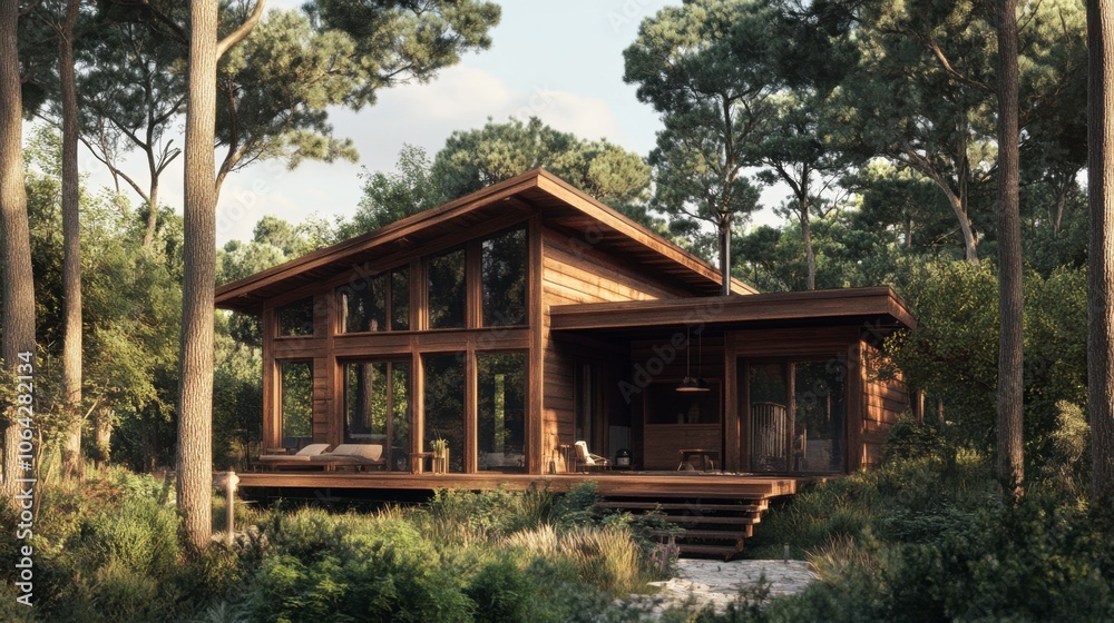 Modern Wooden Cabin Surrounded by Lush Trees Modern Wooden Cabin Surrounded by Lush Trees