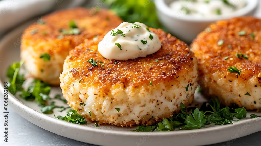 A golden crab cake with aioli dollop, plated on a neutral, light background, soft, warm lighting creating a cozy, inviting feel, close-up view to capture texture and details, A golden crab cake with aioli dollop, plated on a neutral, light background, soft, warm lighting creating a cozy, inviting feel, close-up view to capture texture and details,