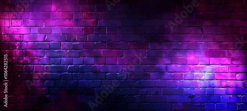 Abstract Purple Brick Wall Background with Neon Spotlight and Copy Space for Text, Dark Scene with Glowing Light and Blacklight Effect, Ultra High Resolution