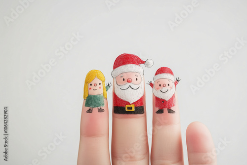 A finger painting of a  hand with Santa Claus and his family against a white background. sta ovo znaci na srpskom photo