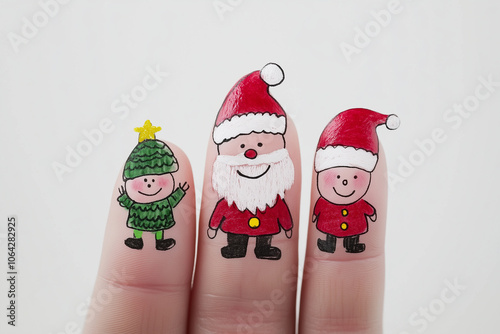 A finger painting of a  hand with Santa Claus and his family against a white background. sta ovo znaci na srpskom photo