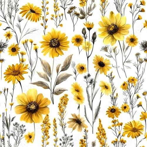 Watercolor Yellow Flowers Seamless Pattern