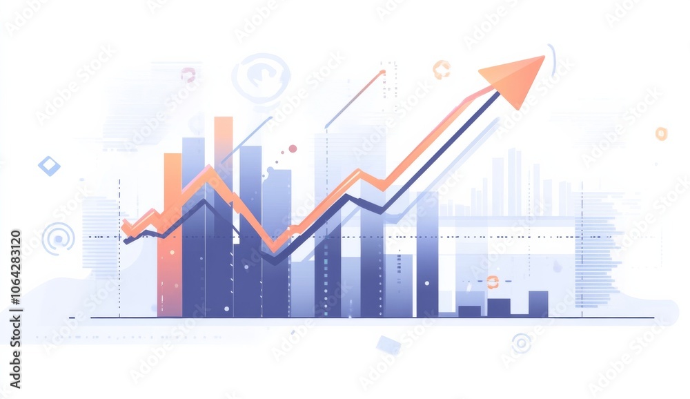 White background with an upward arrow and growing bar graph on the right side, featuring a financial chart with stock market trend lines White background with an upward arrow and growing bar graph on the right side, featuring a financial chart with stock market trend lines