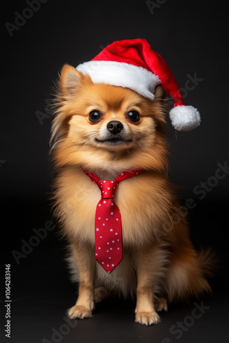 A Pomeranian dog dressed up as Santa Claus.Minimal creative Christmas holiday fashion advertise and party concept.Copy space,flat lay.