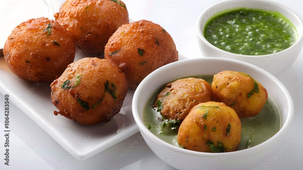 black gram or urad dal vada or pakoda or aalu bonda, aalu bonde with coconut and pudina chutney, isolated. black gram or urad dal vada or pakoda or aalu bonda, aalu bonde with coconut and pudina chutney, isolated.