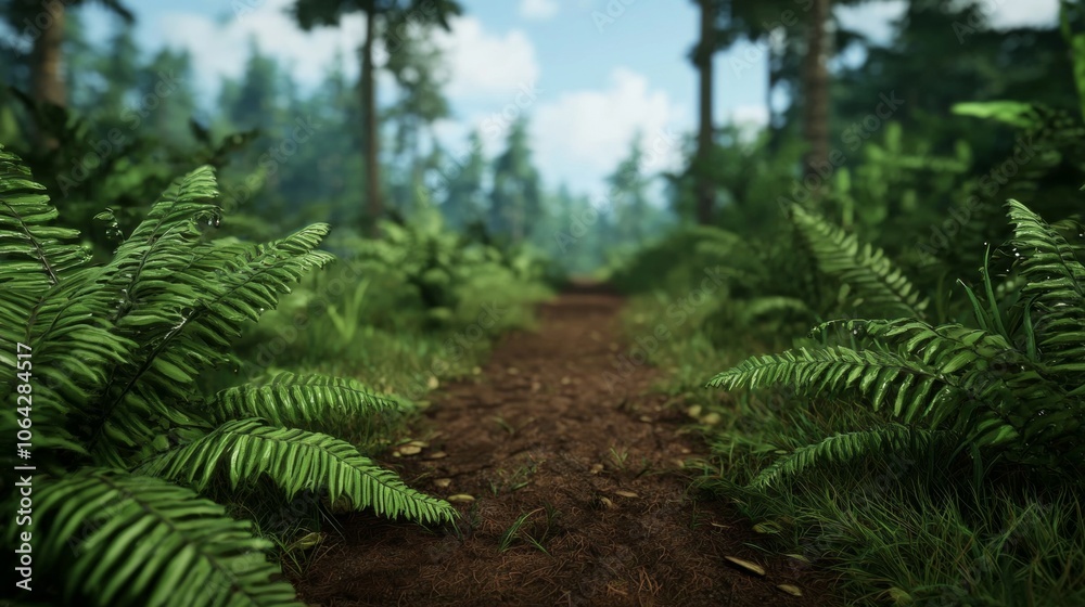 A dirt path winds through a lush, green forest, with tall trees and ferns on either side, leading into the distance. A dirt path winds through a lush, green forest, with tall trees and ferns on either side, leading into the distance.