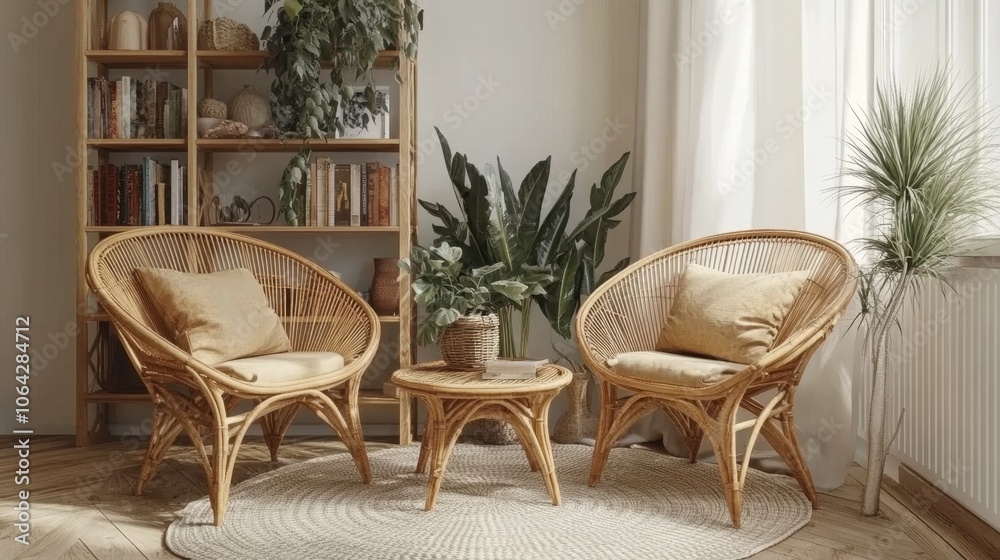 Cozy Rattan Chairs in Bright Living Room Setting Cozy Rattan Chairs in Bright Living Room Setting