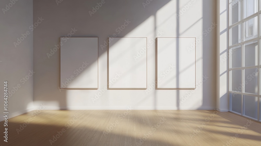 Fototapeta premium Bright Gallery Interior with Three Blank Canvases
